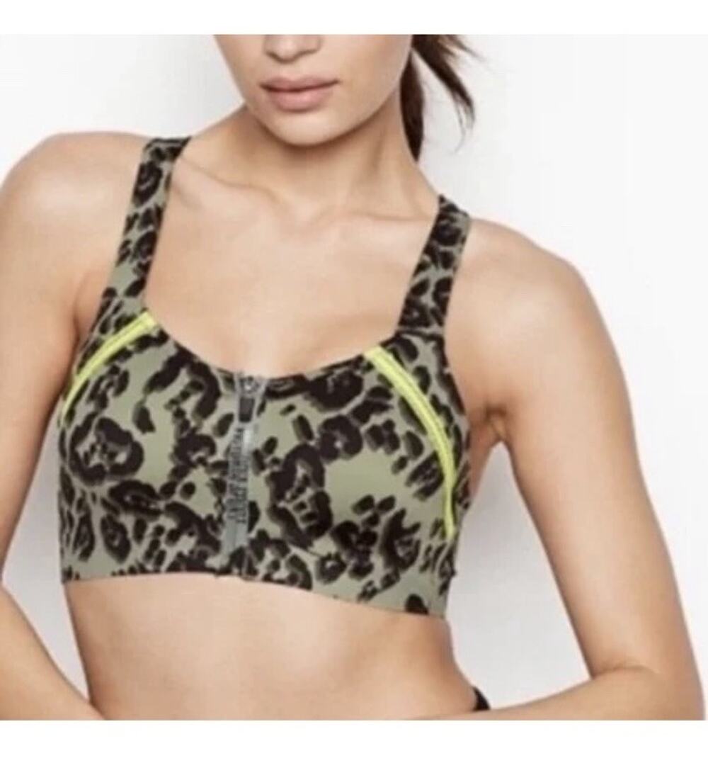 Victoria's Secret Sport Knockout high-impact sports bra olive green leopard 34D